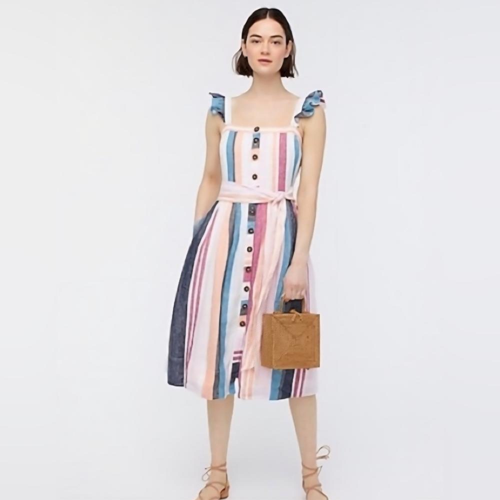 J CREW | Striped Linen Button-Front Sundress | Pastel Multicolored | Size 8